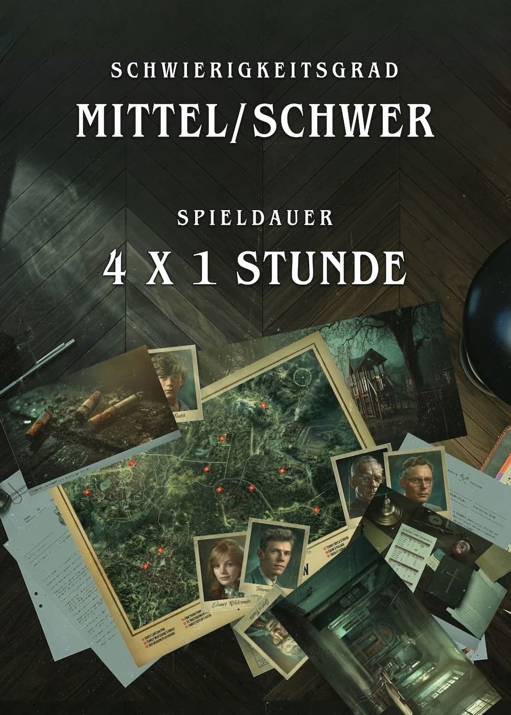 Asylum: Karte, Fotografien und Ermittlungsunterlagen. Schwierigkeitsgrad mittel bis schwer, Spieldauer viermal eine Stunde.