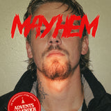 Mayhem från Arkiv by Unsolved med ett porträtt av en man och röd titel över ansiktet.