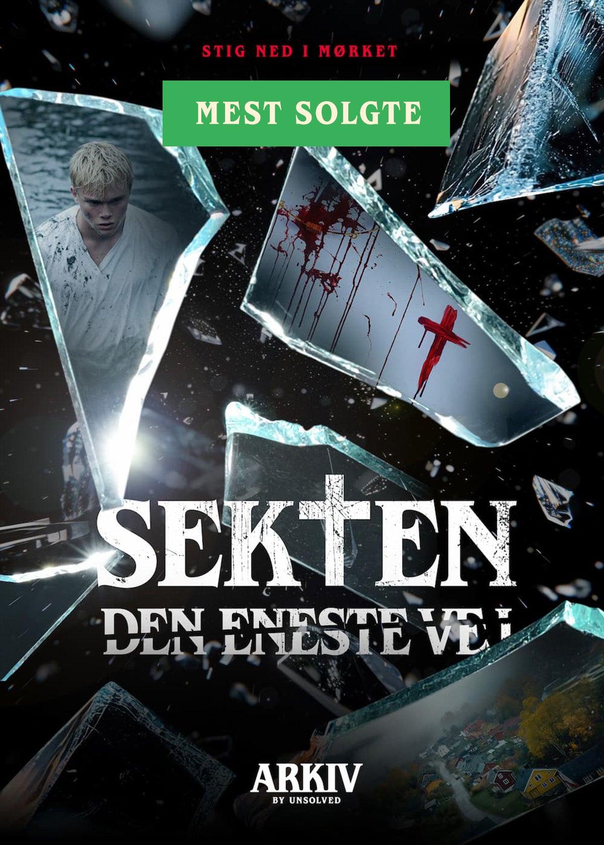 Sekten – Den eneste vej fra Arkiv by Unsolved med fotografier og en kniv bag knust glas.