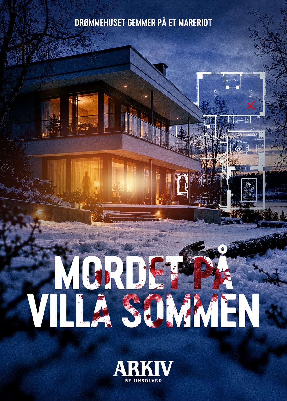 Mordet på Villa Sommen – snedækket villa i mørket med plantegning og blodstænk på titlen.